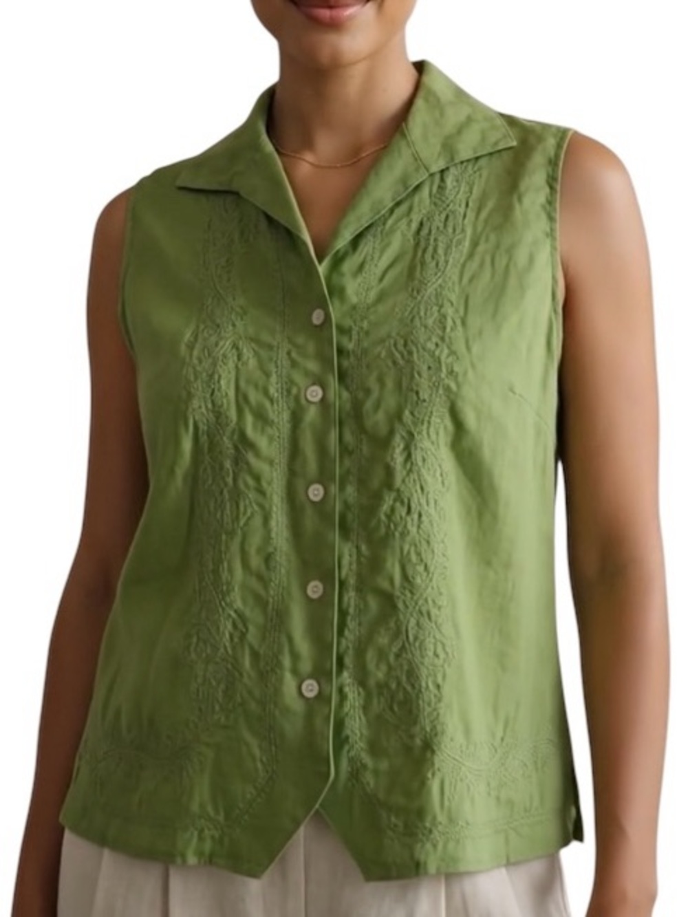Valerie Stevens 100% Linen Sleeveless Collared Blouse Vest Embroidered Green PM